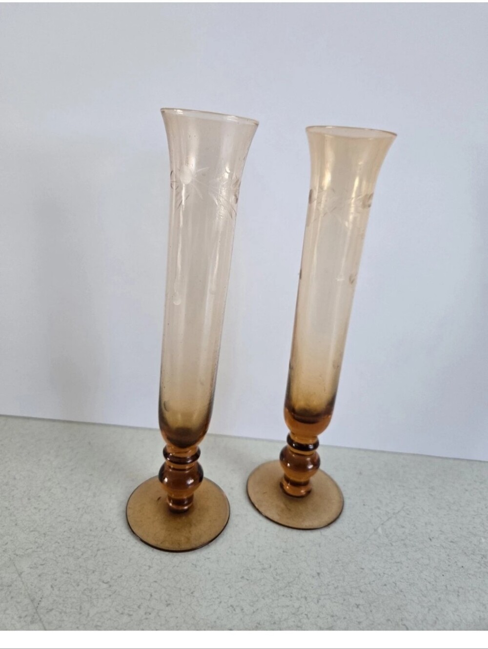 Amber Etched Art Glass Bud Vase Clear Pedestal Base Vtg Pair